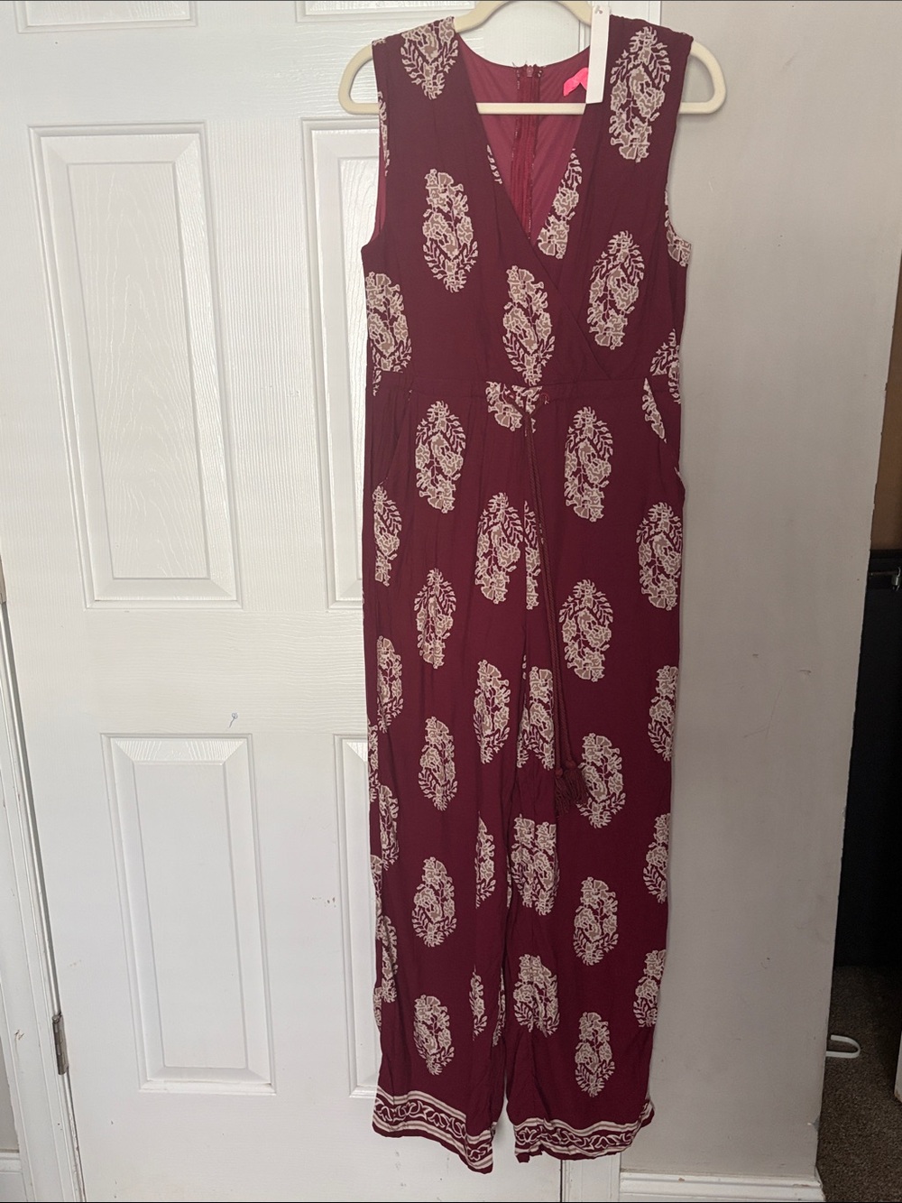 Xtaren Sleeveless Burgundy Jumpsuit with Cream Paisley Print